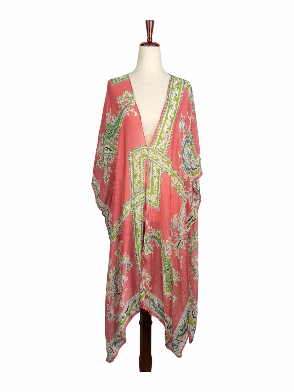 One Hundred Stars Kimono One Size Pink Green Paisley Boho Lightweight Kaftan